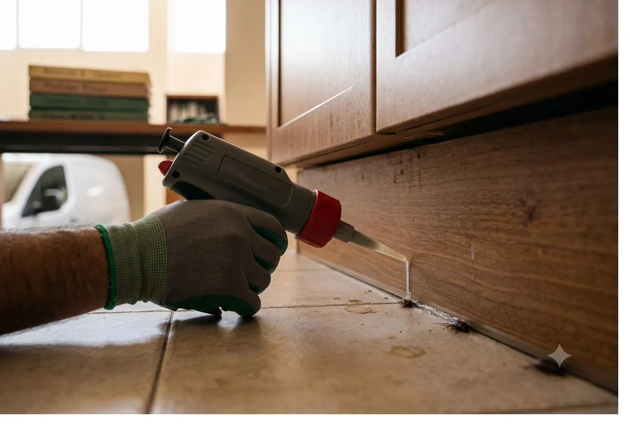 Tratamiento de cucarachas bajo el mueble de una cocina